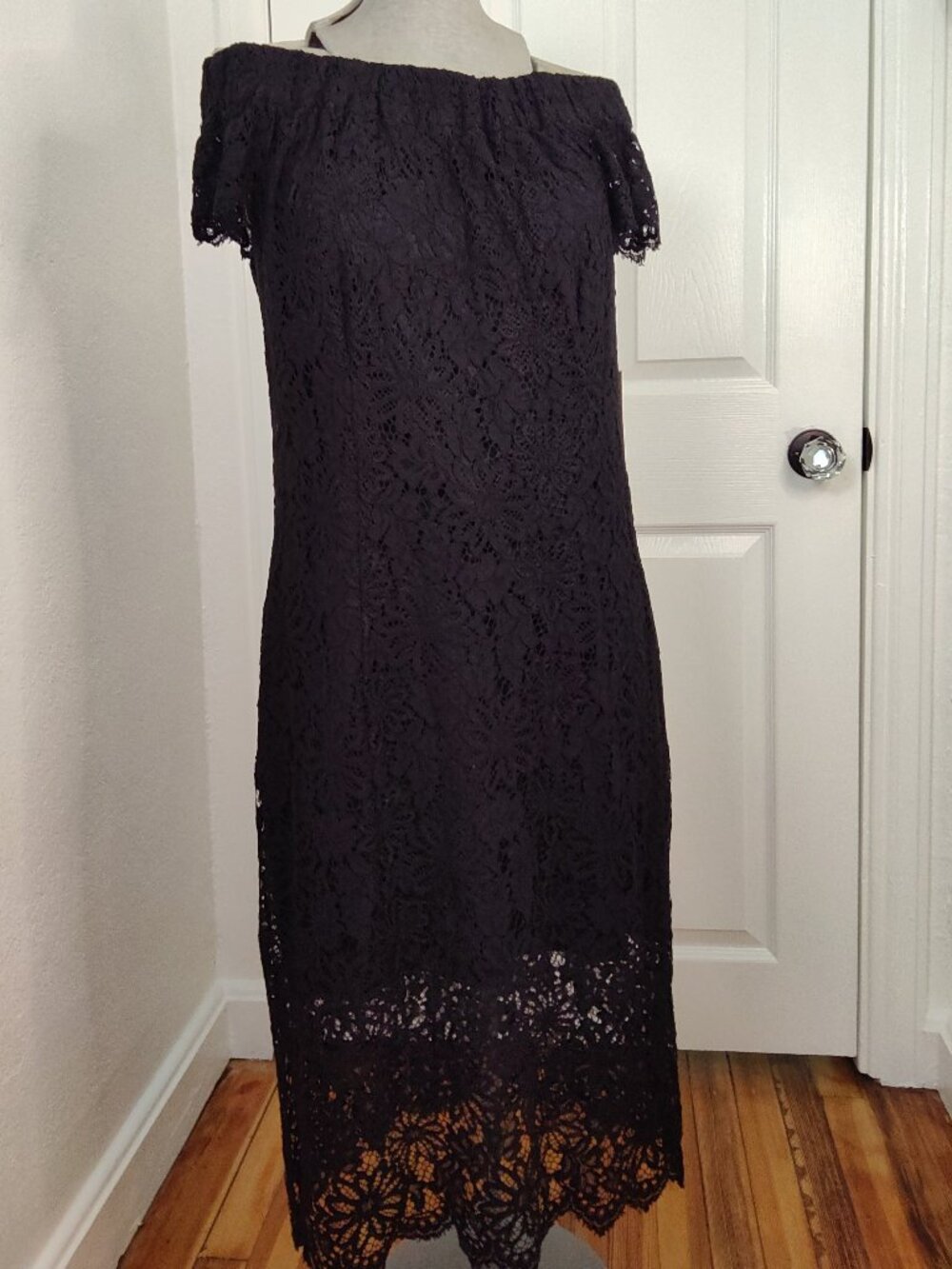 Nanette Lepore sz 10 off the shoulder midi lace cocktail dress black NWT